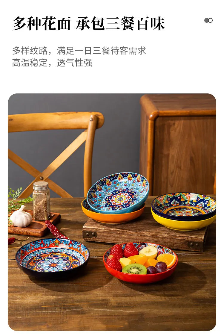 Bohemian Deep Ceramic Plate Dinnerware High-Quality Appearance