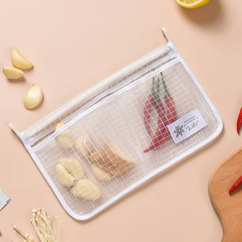 Refrigerator Storage Mesh Bag Double Compartment Hanging Pouch