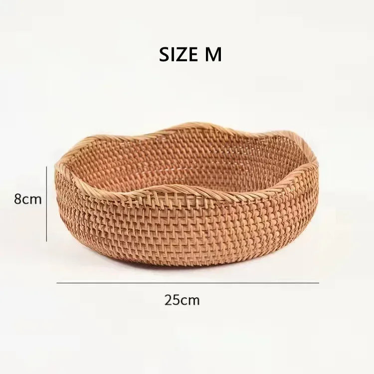 Round Rattan Fruit Basket Wicker Woven Snack Tray