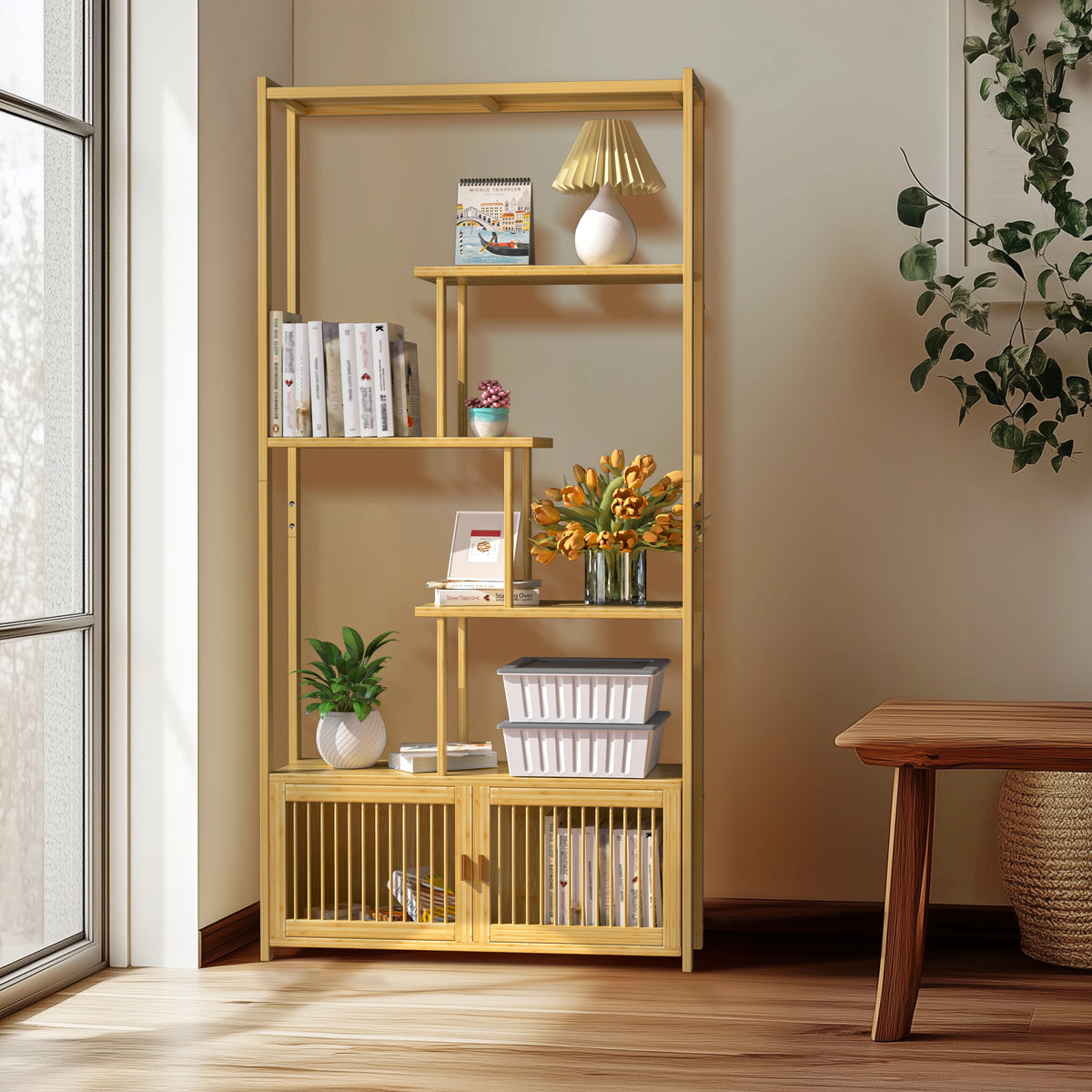 Bamboo Storage Rack Shelving Unit High Low Shelves