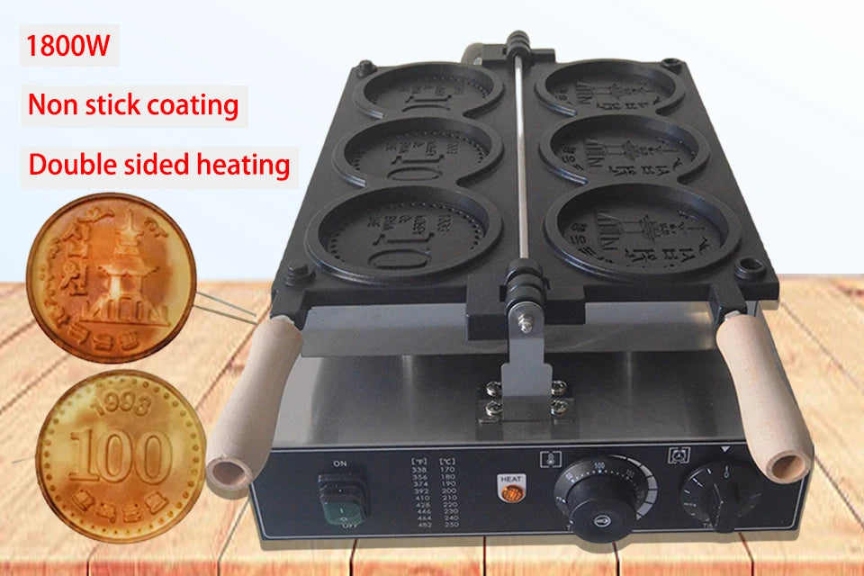 Xeoleo Commerical 3pcs Coin Waffle Maker Korean Gold