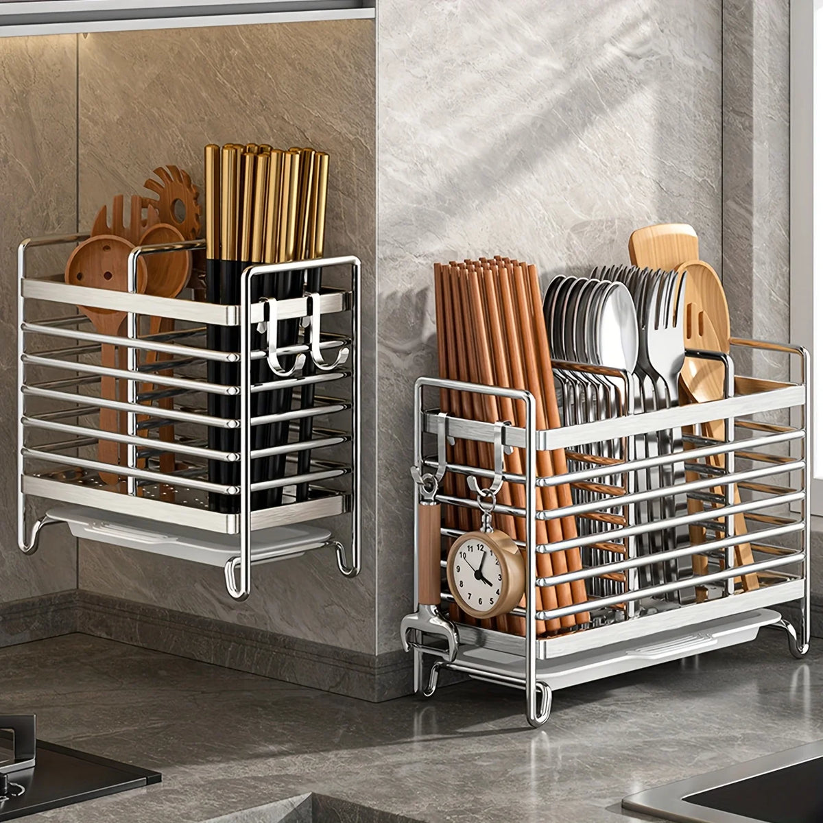 No-Drill Wall Mount Utensil Holder Stainless Steel Organizer