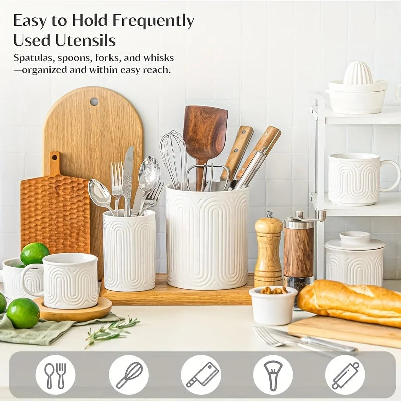 Ceramic Utensil Holder Organizer - Countertop Storage Jar