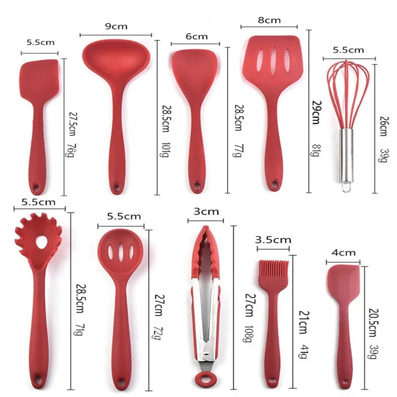 10 Pcs/Set Silicone Utensils Non-Stick Silicone Tong Spoon
