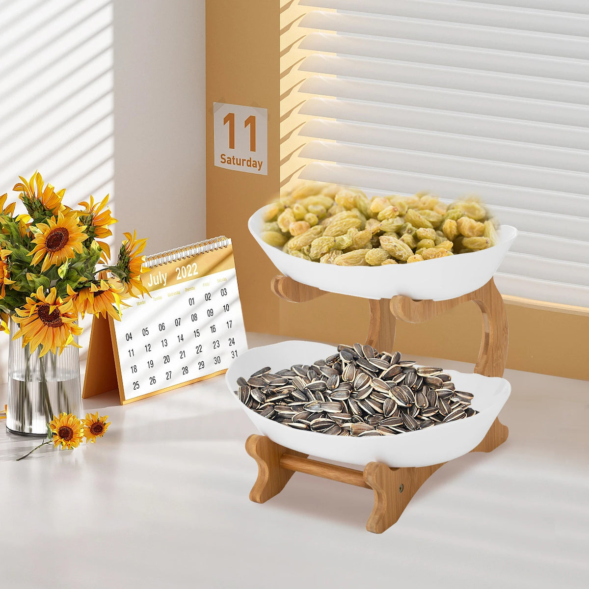 2-Tier Fruit Bowl Bamboo Fruit Basket Stand Food-Grade
