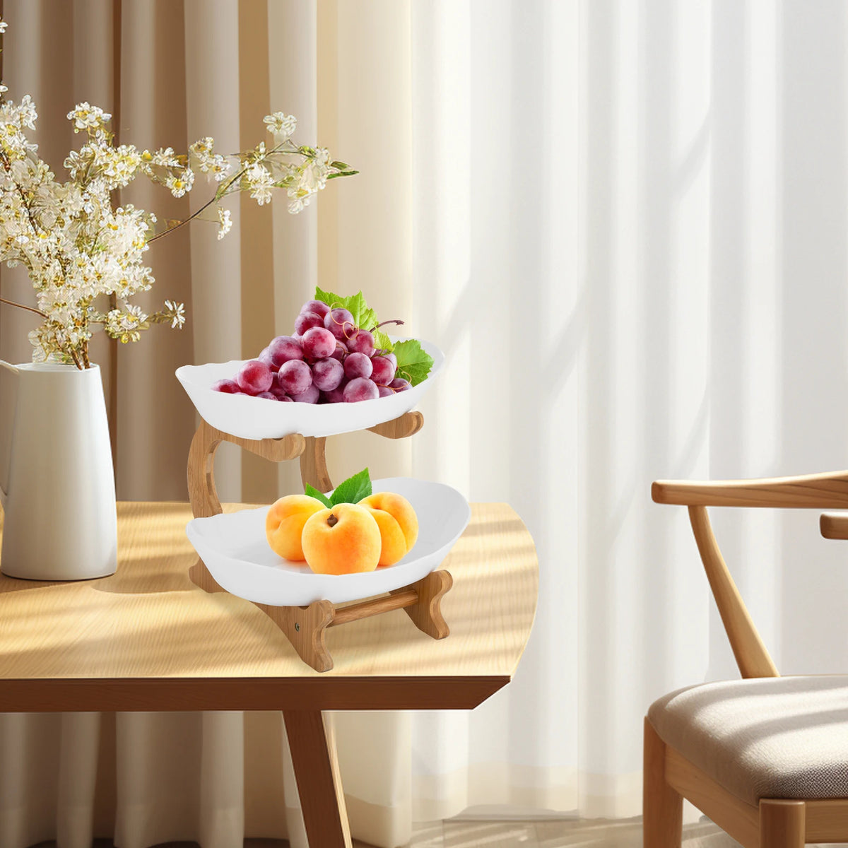 2-Tier Fruit Bowl Bamboo Fruit Basket Stand Food-Grade