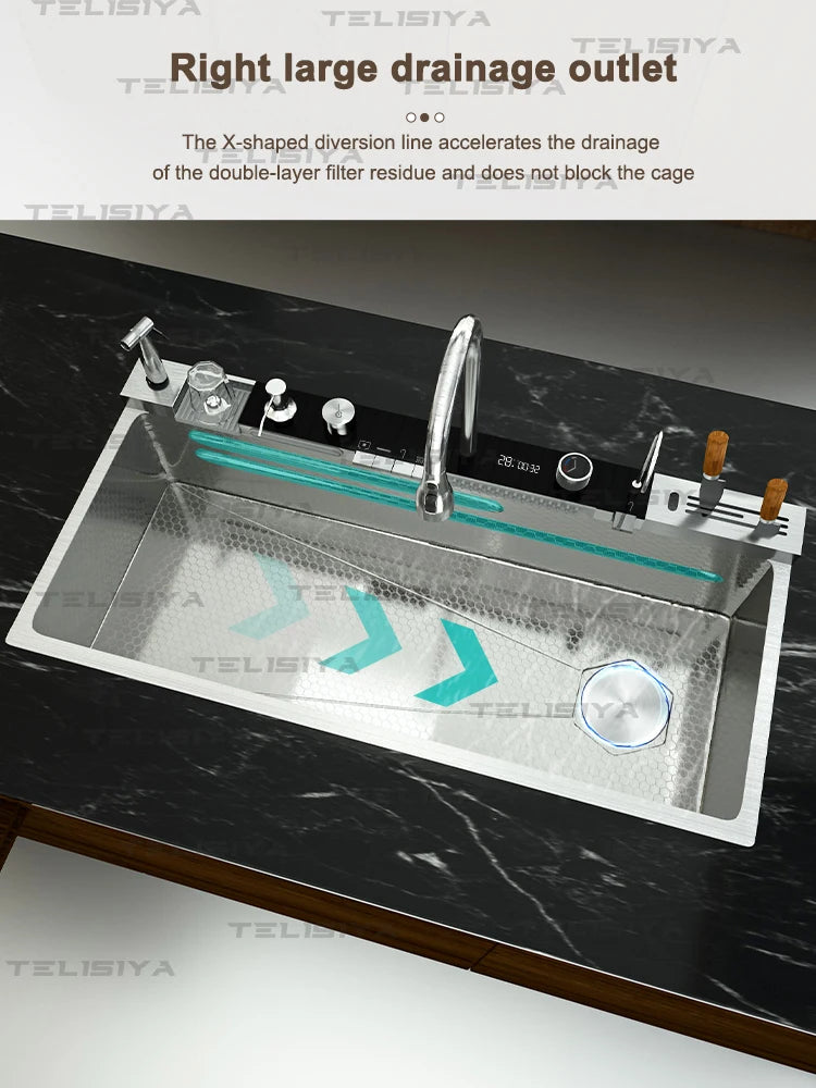 Stainless Steel Sink Digital Display Waterfall Large Slot