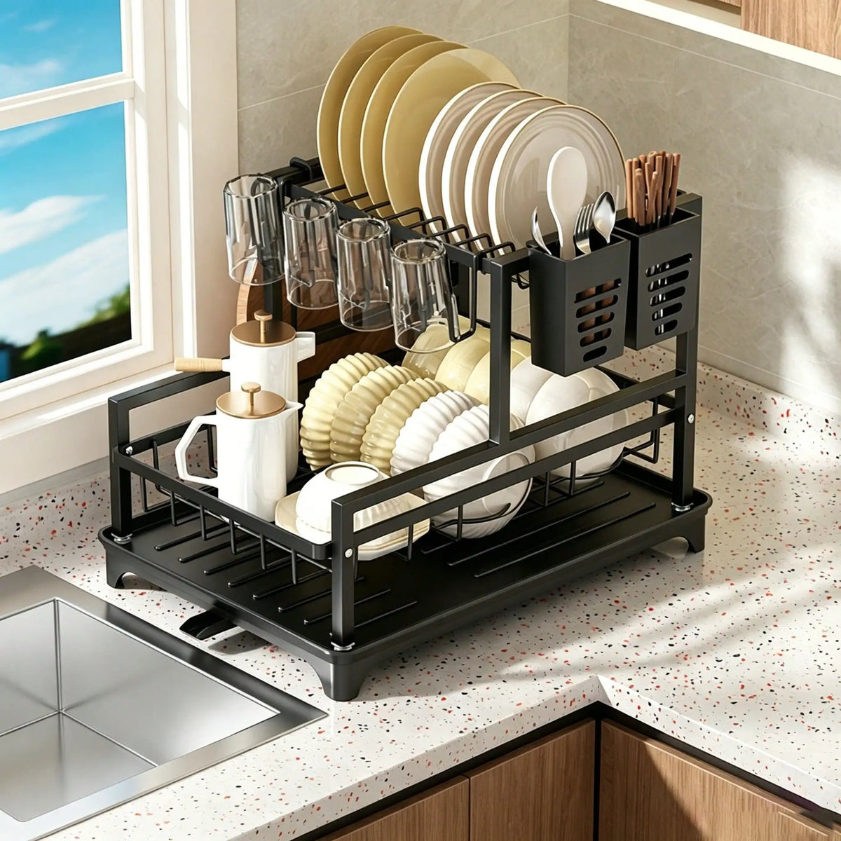 Tier Dish Drying Rack Drain Tray Large Countertop