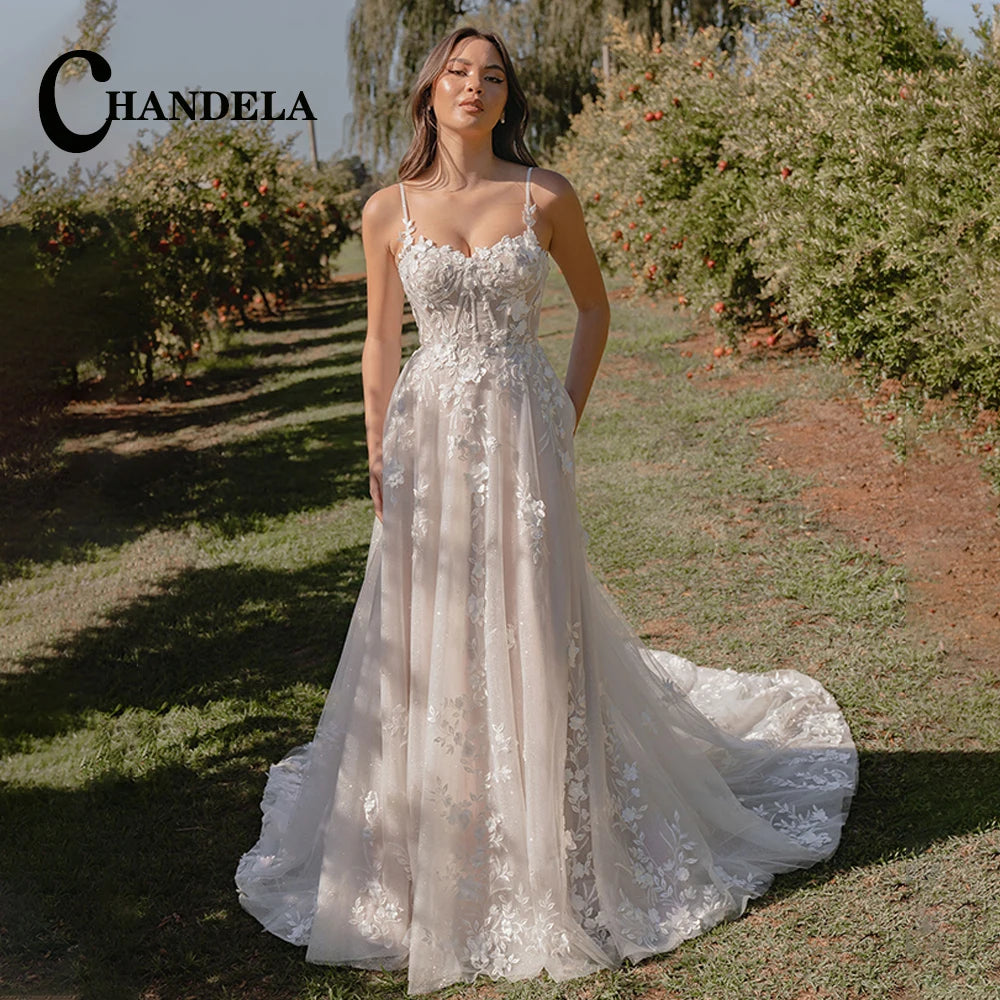 Chandela Trendy A-Line Wedding Dress Bridal Sleeveless Tulle
