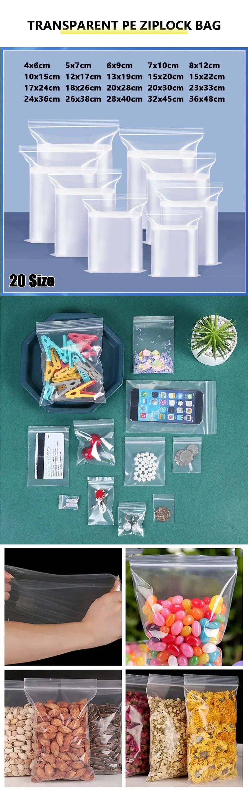 100pcs Thicken Zipper Sealed Bags Clear Plastic Storage