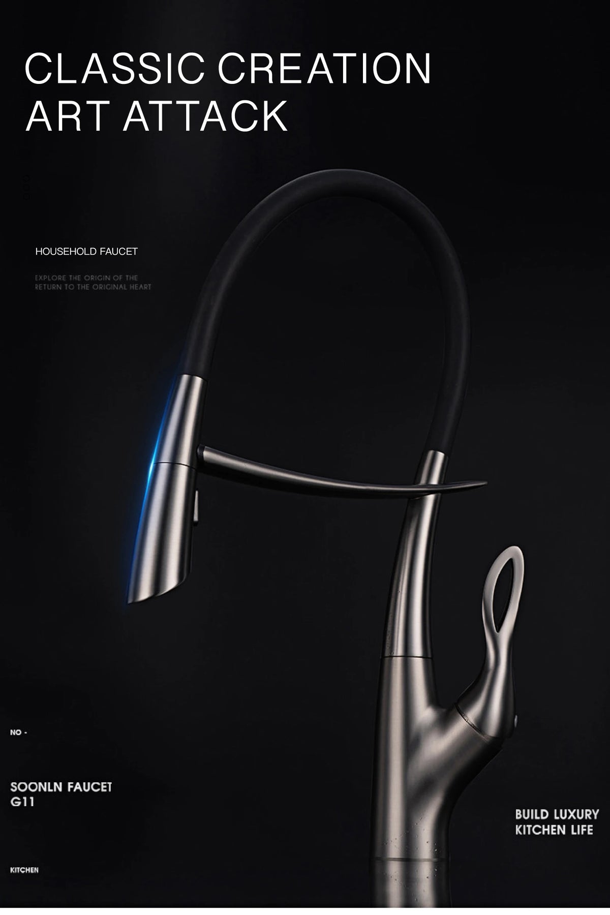 Modern Luxury Black Brass Faucet Pull-Out Magnetic Suction