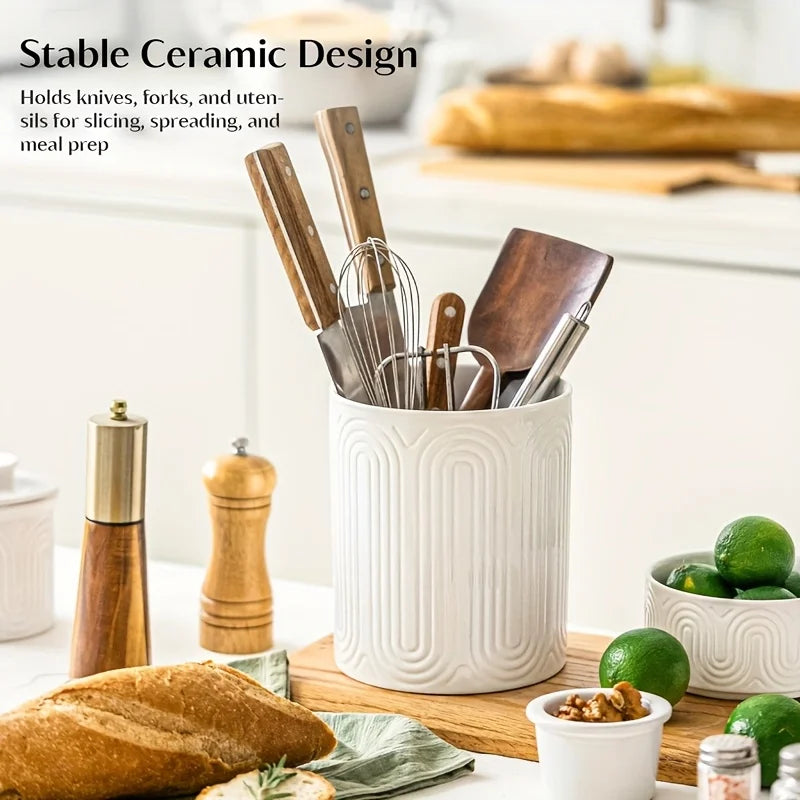 Ceramic Utensil Holder Organizer - Countertop Storage Jar