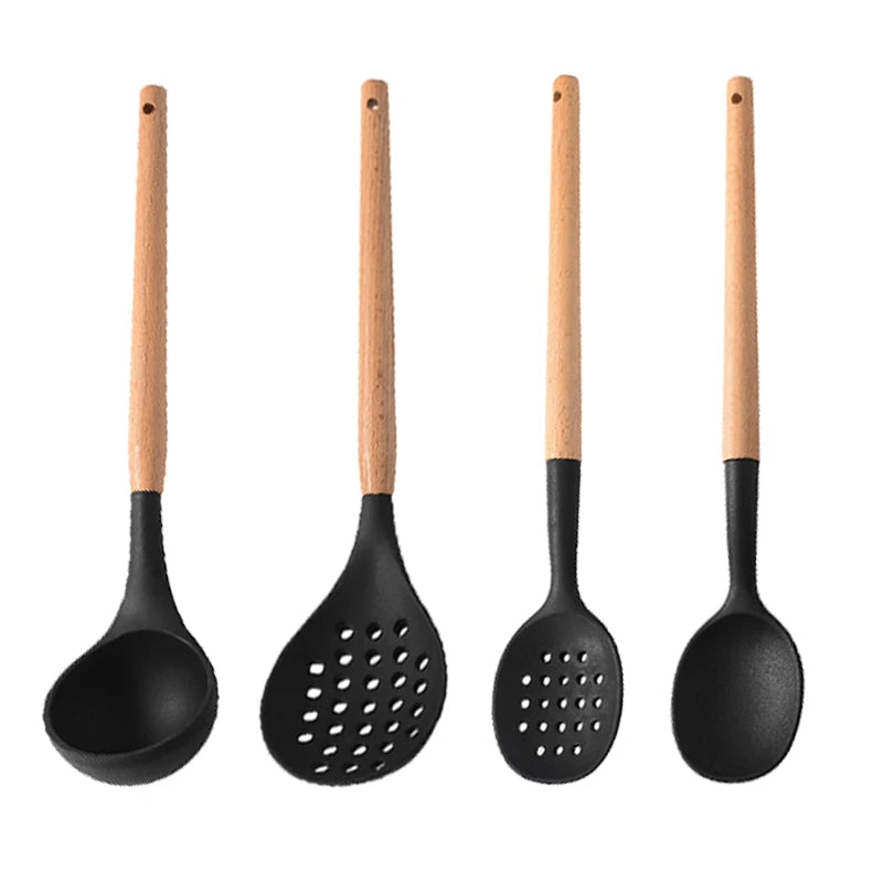 White Silicone Wooden Handle Soup Spoon Spatula Brush