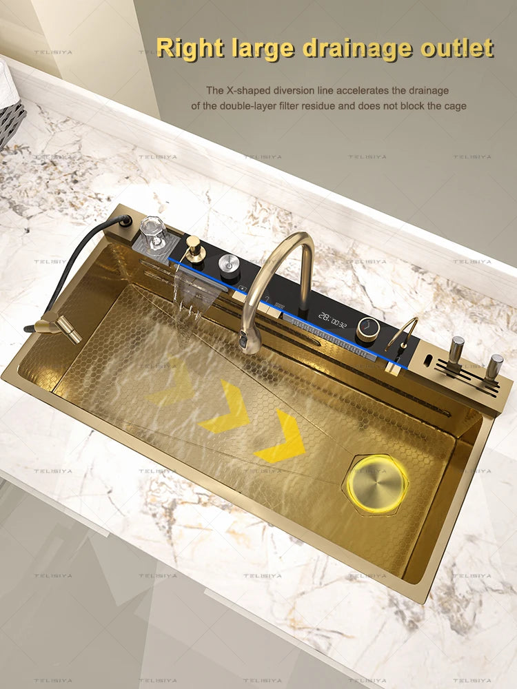 Stainless Steel Sink Large Slot Waterfall Digital Display