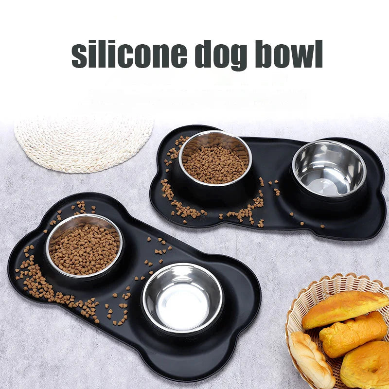 Antislip Double Dog Bowl Silicone Mat Durable Stainless