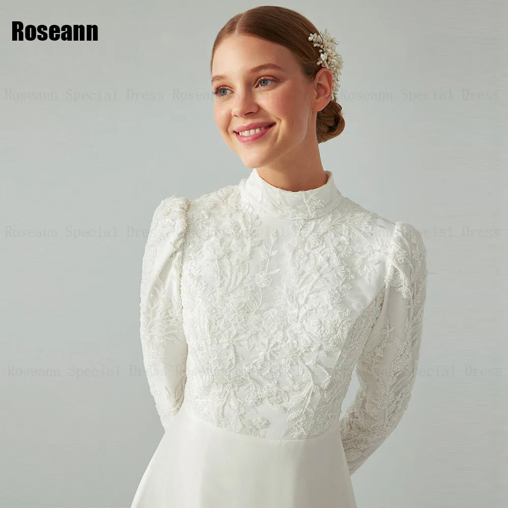 Customized Muslim A-Line Wedding Dresses High Collar Draped