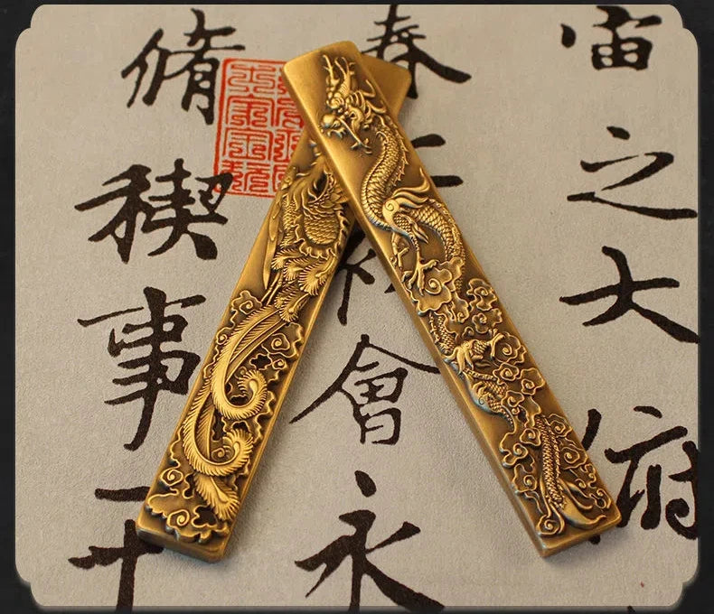 Chinese Style Brass Paperweight Antique Hand Painting Calligraphy
