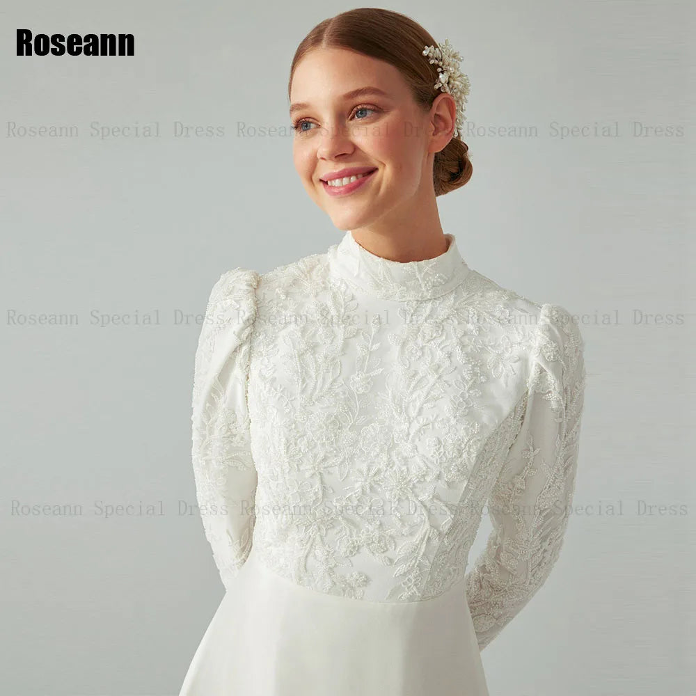 Customized Muslim A-Line Wedding Dresses High Collar Draped