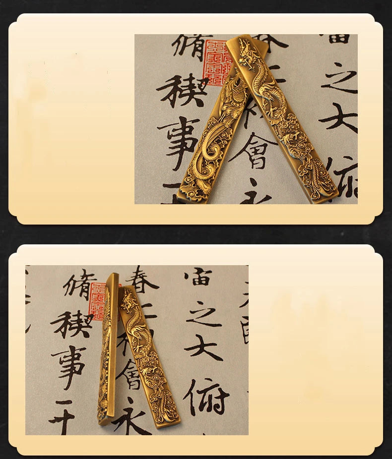 Chinese Style Brass Paperweight Antique Hand Painting Calligraphy