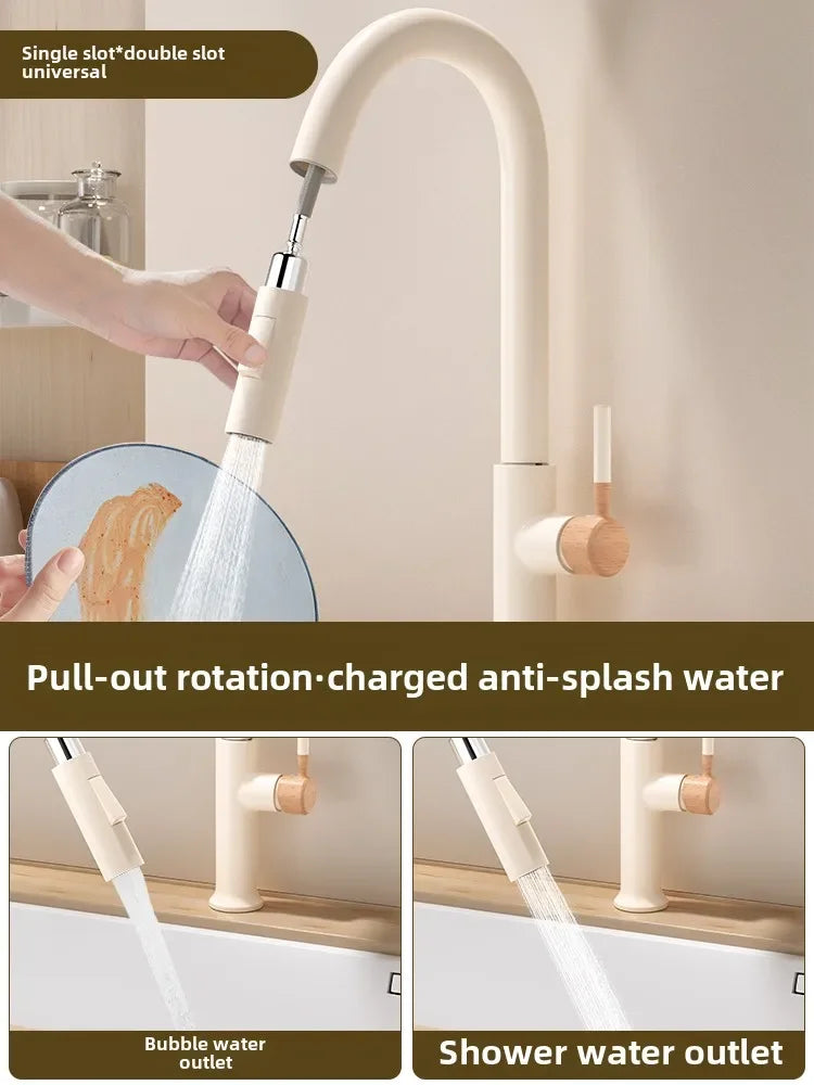 Cream Wooden Handle All Copper Faucet - Pull-Out