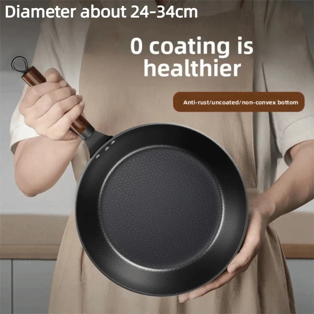 Hand Forged Cast Iron Pan Wooden Handle Uncoated
