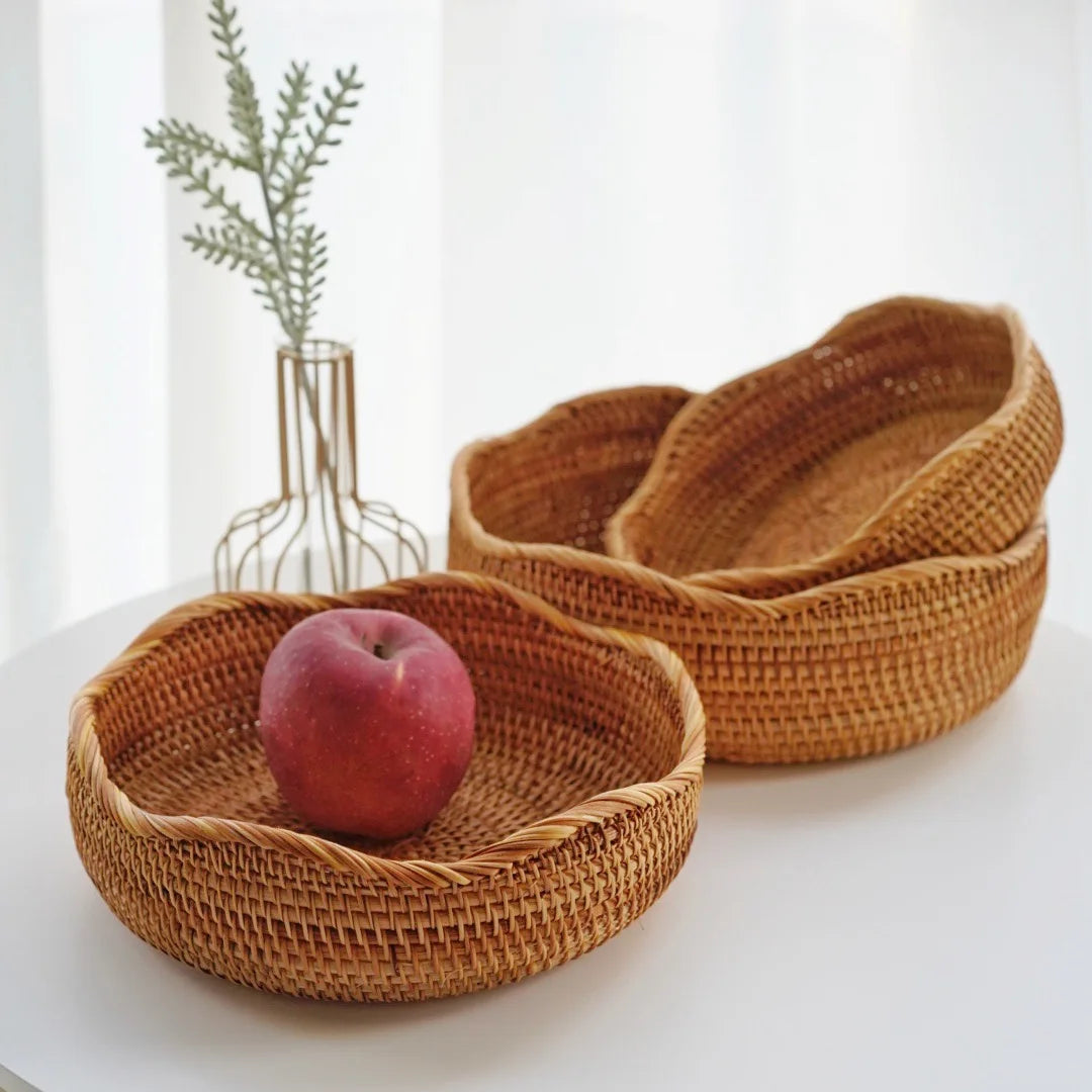 Round Rattan Fruit Basket Wicker Woven Snack Tray