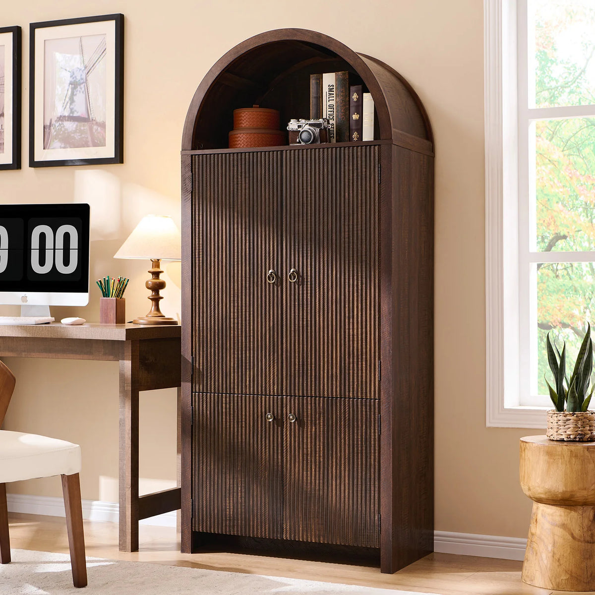 71 Tall Arched Pantry Fluted Wood Cabinet Storage