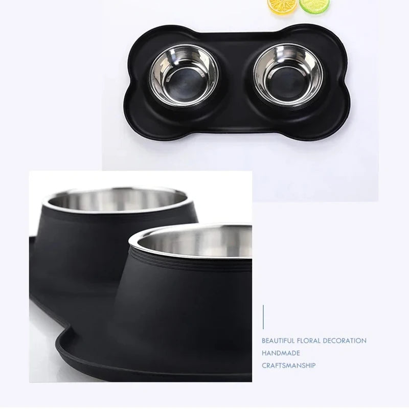 Antislip Double Dog Bowl Silicone Mat Durable Stainless