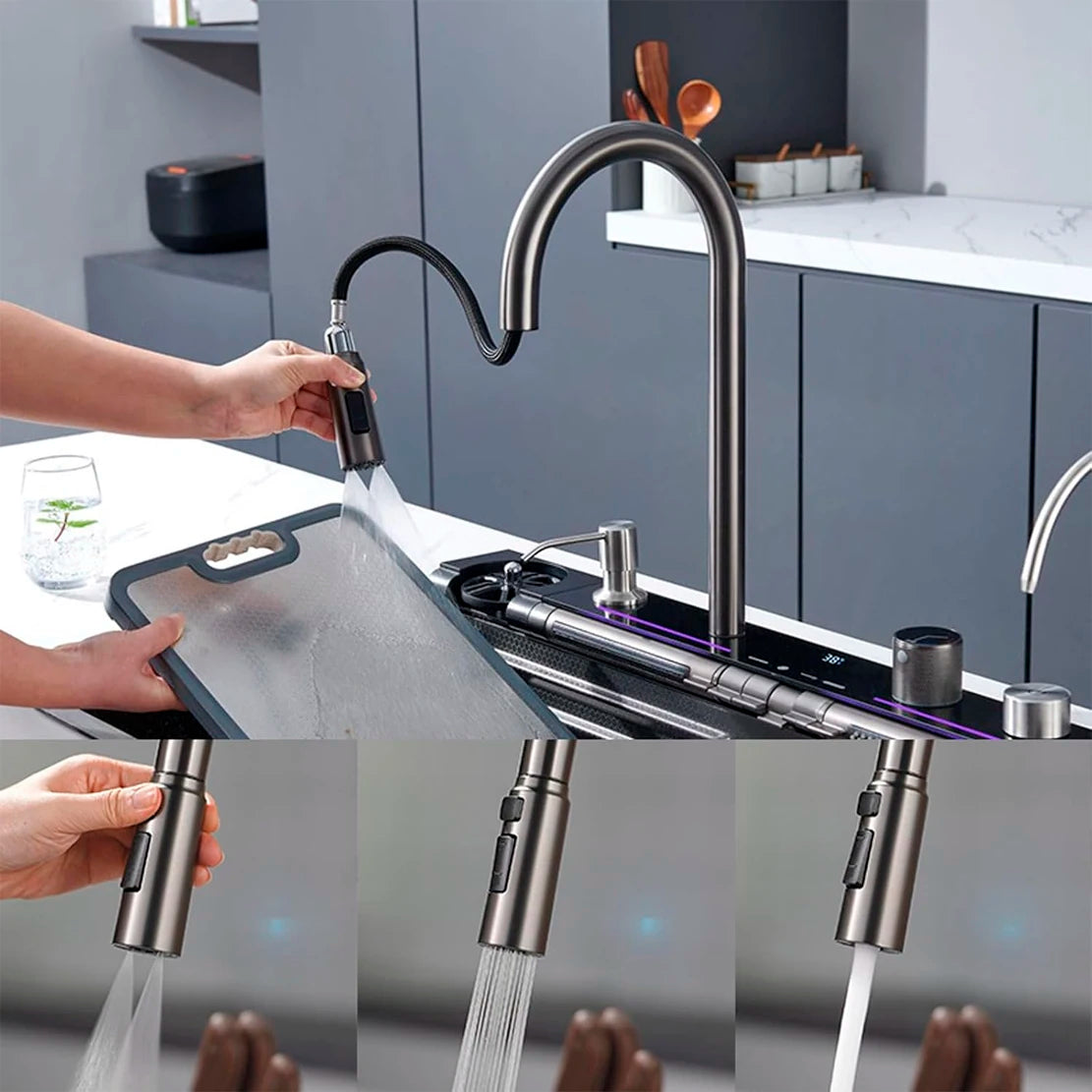 Stainless Steel Waterfall Sink Digital Display Large Sink
