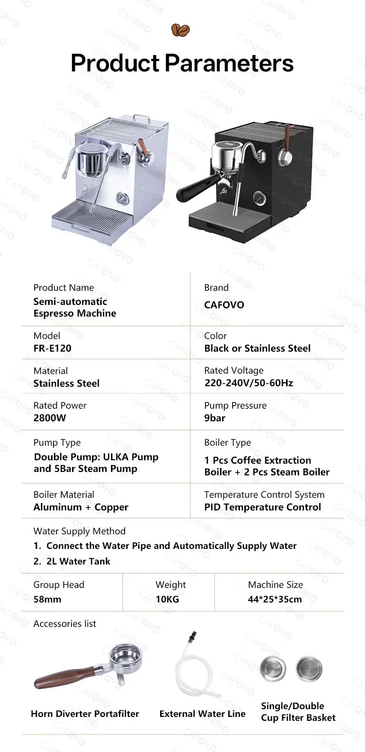 Cafovo E120 9bar Espresso Machine Boiler Ulka Pump