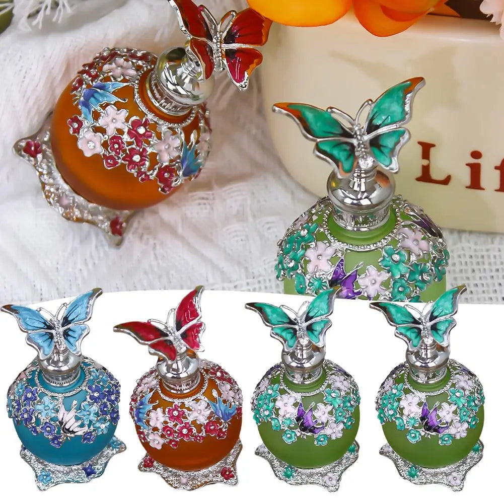 Vintage Perfume Bottle Metal Enameled Frosted Glass Container