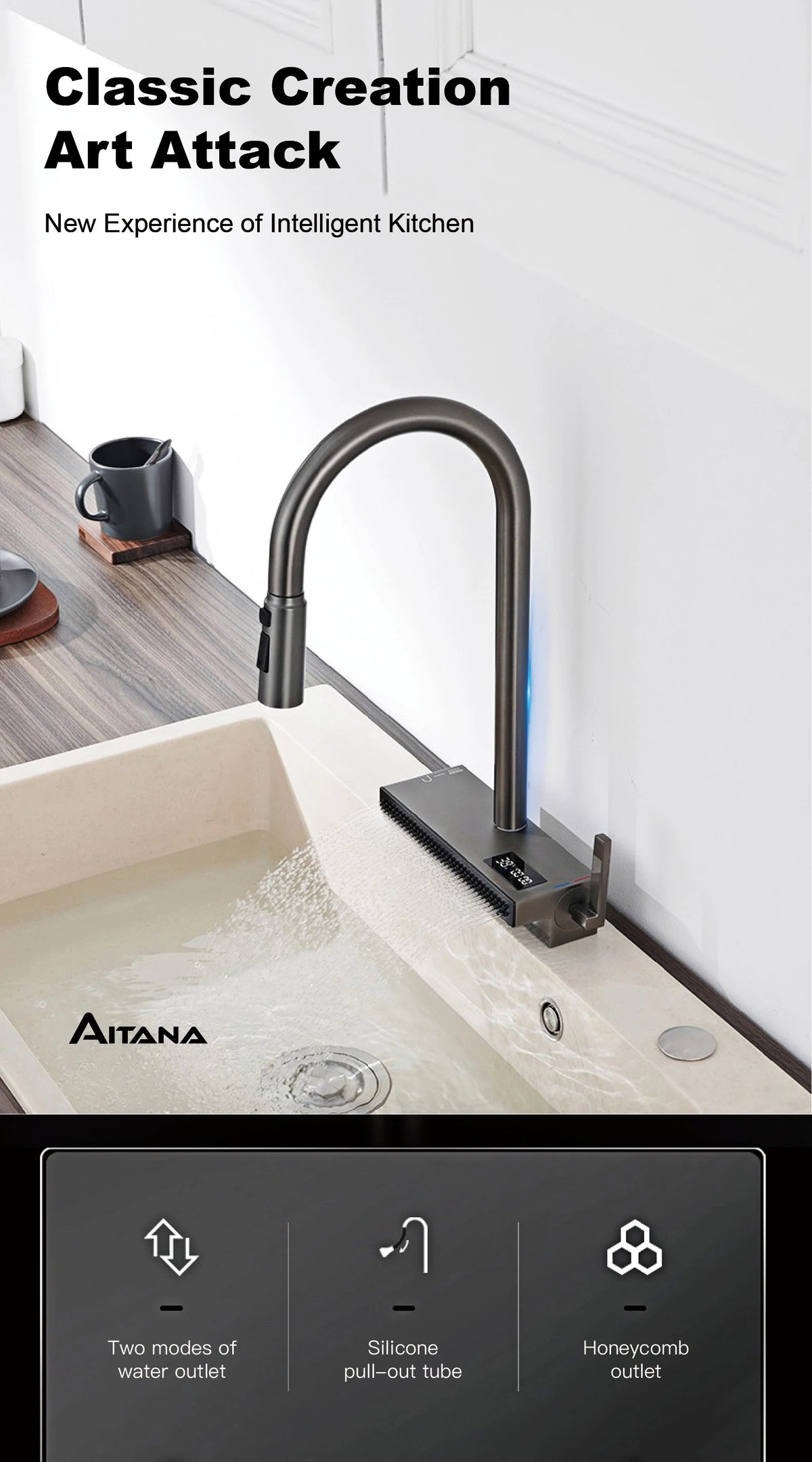 Luxury Gunmetal Brass Led Digital Display Faucet Hole