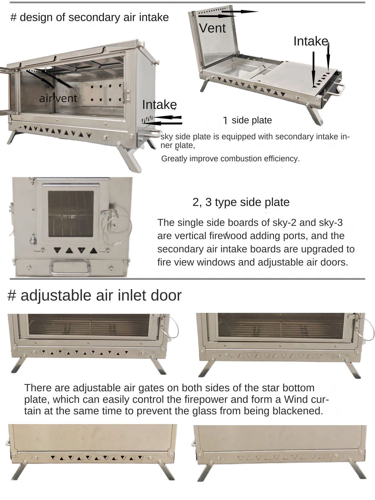 Wt-Sky-430 Folding Fireplace Wood Stove Secondary Air Intake