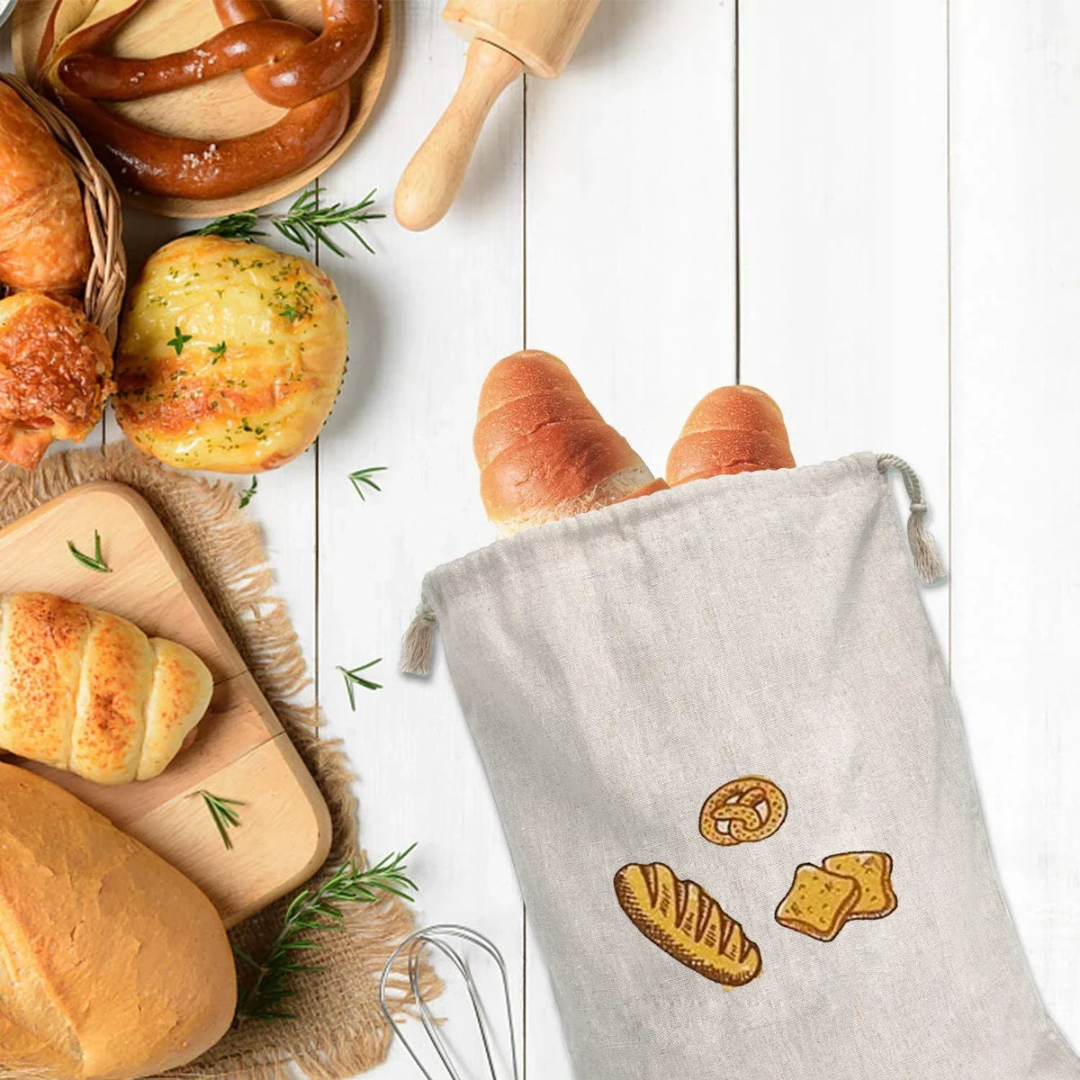 Linen Bread Bags Reusable Drawstring Large Washable Storage