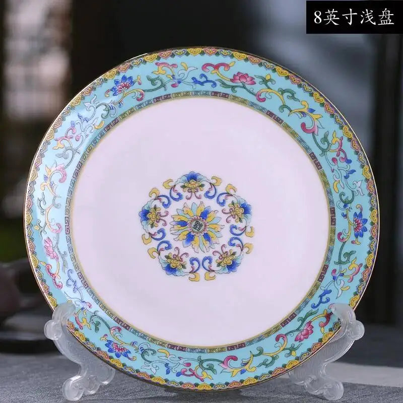 Gold Border Enamel Deep Plate Chinese Bone China