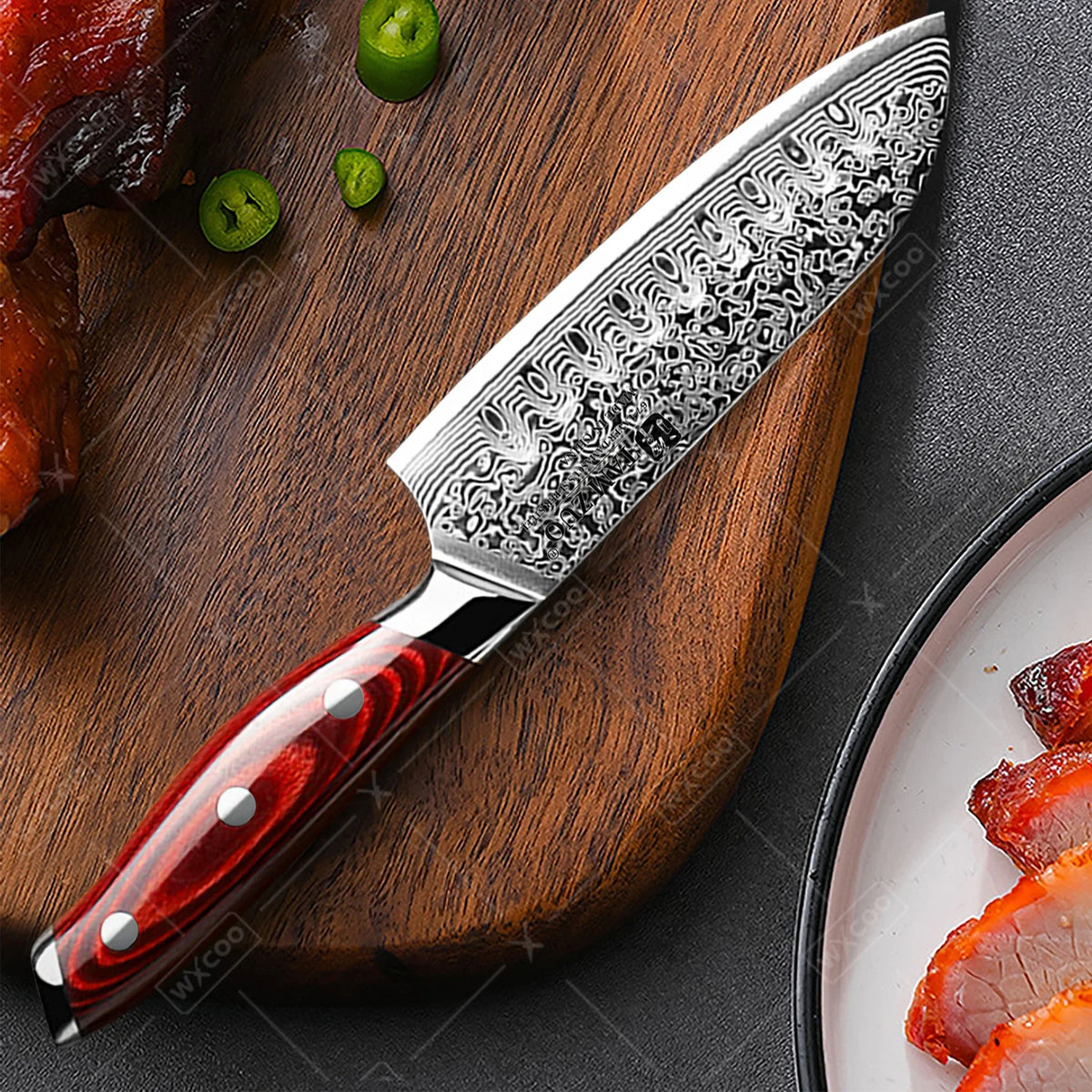 Tamzuo Santoku Knife Japanese Hand Forged Damascus Steel