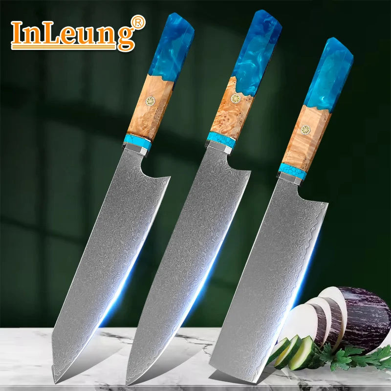 Vg10 Damascus Steel Chef Knife Blue Resin Wood