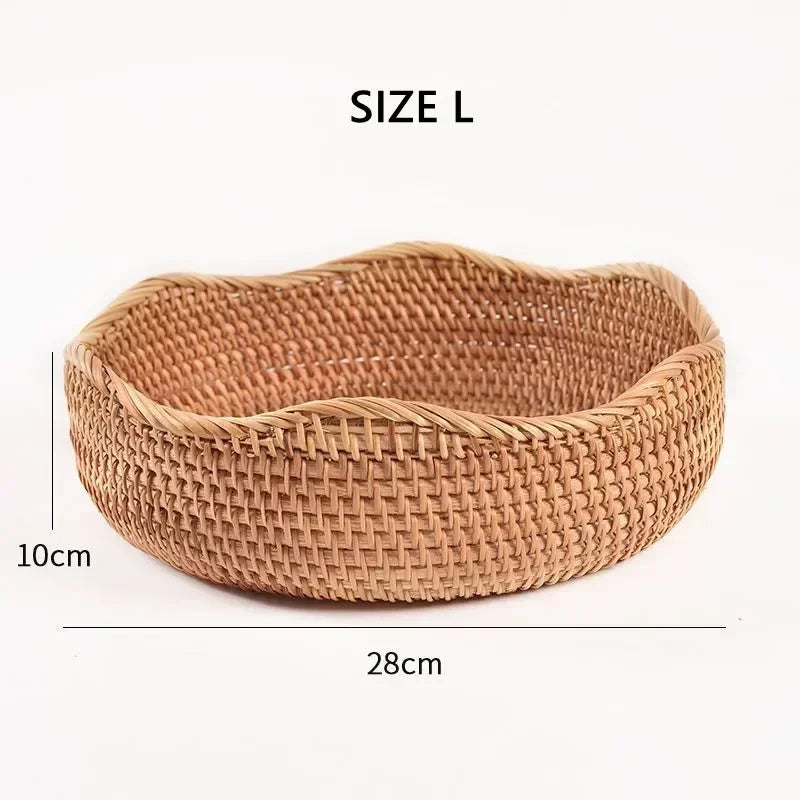 Round Rattan Fruit Basket Wicker Woven Snack Tray