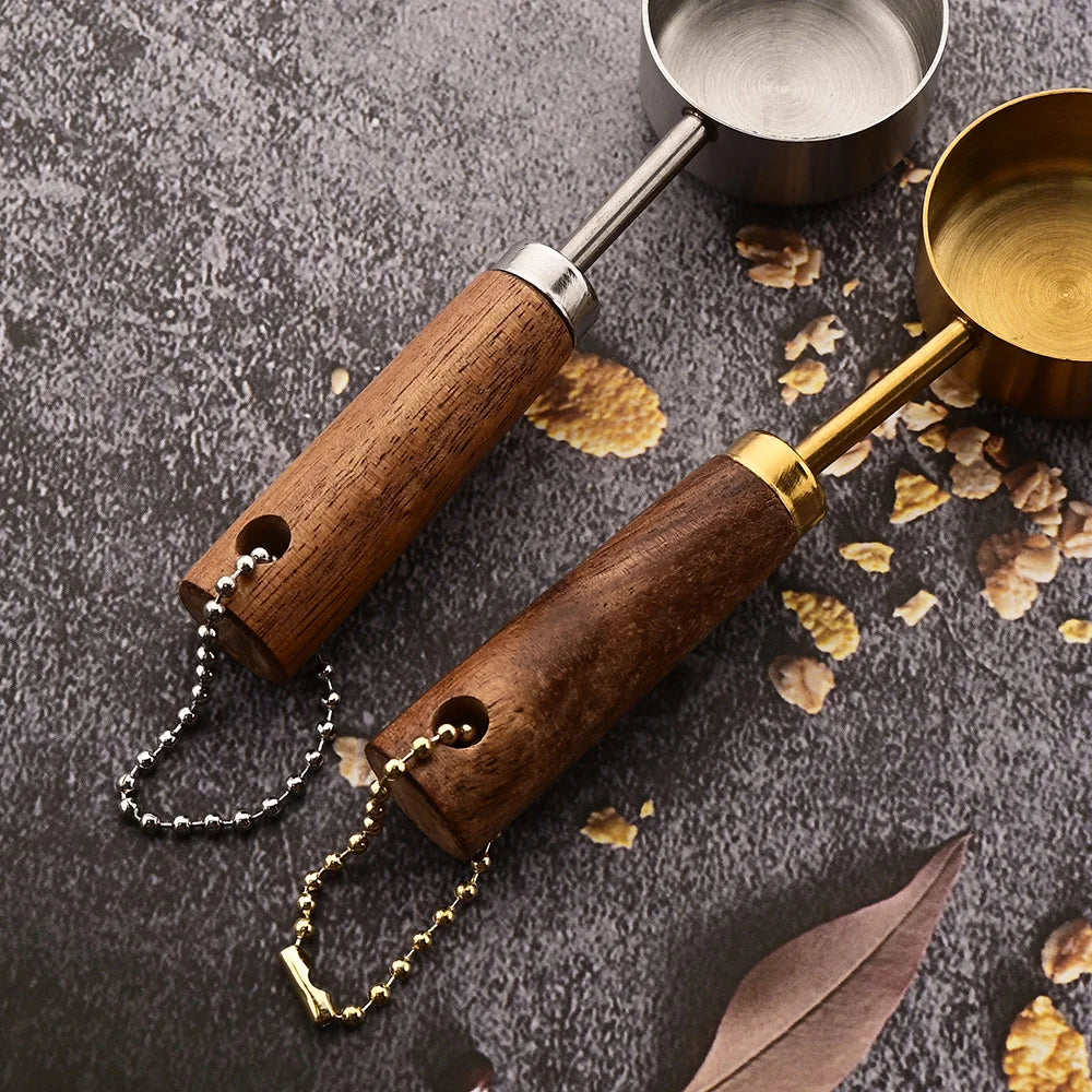 Gold Wooden Handle Stainless Steel Measuring Cups Spoons