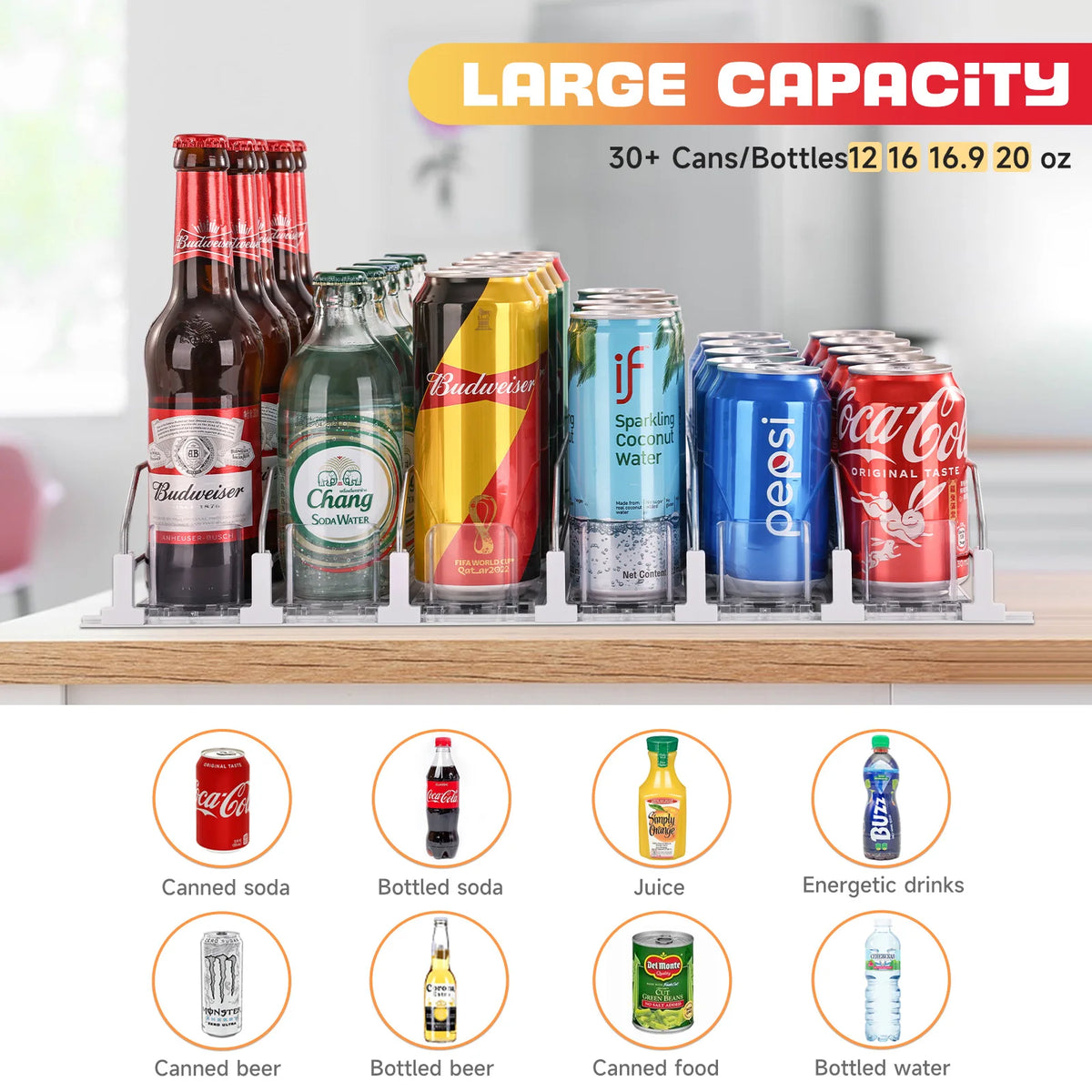 Soda Can Dispenser Automatic Pusher Glide-Holds Rows Canned