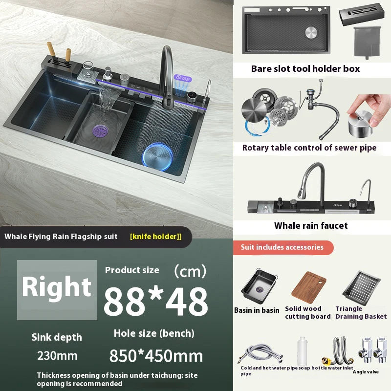 Waterfall Stainless Steel Sink Digital Display Faucet Wash