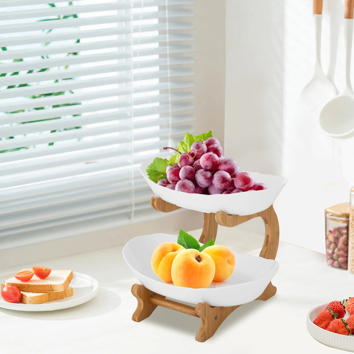 2-Tier Fruit Bowl Bamboo Fruit Basket Stand Food-Grade