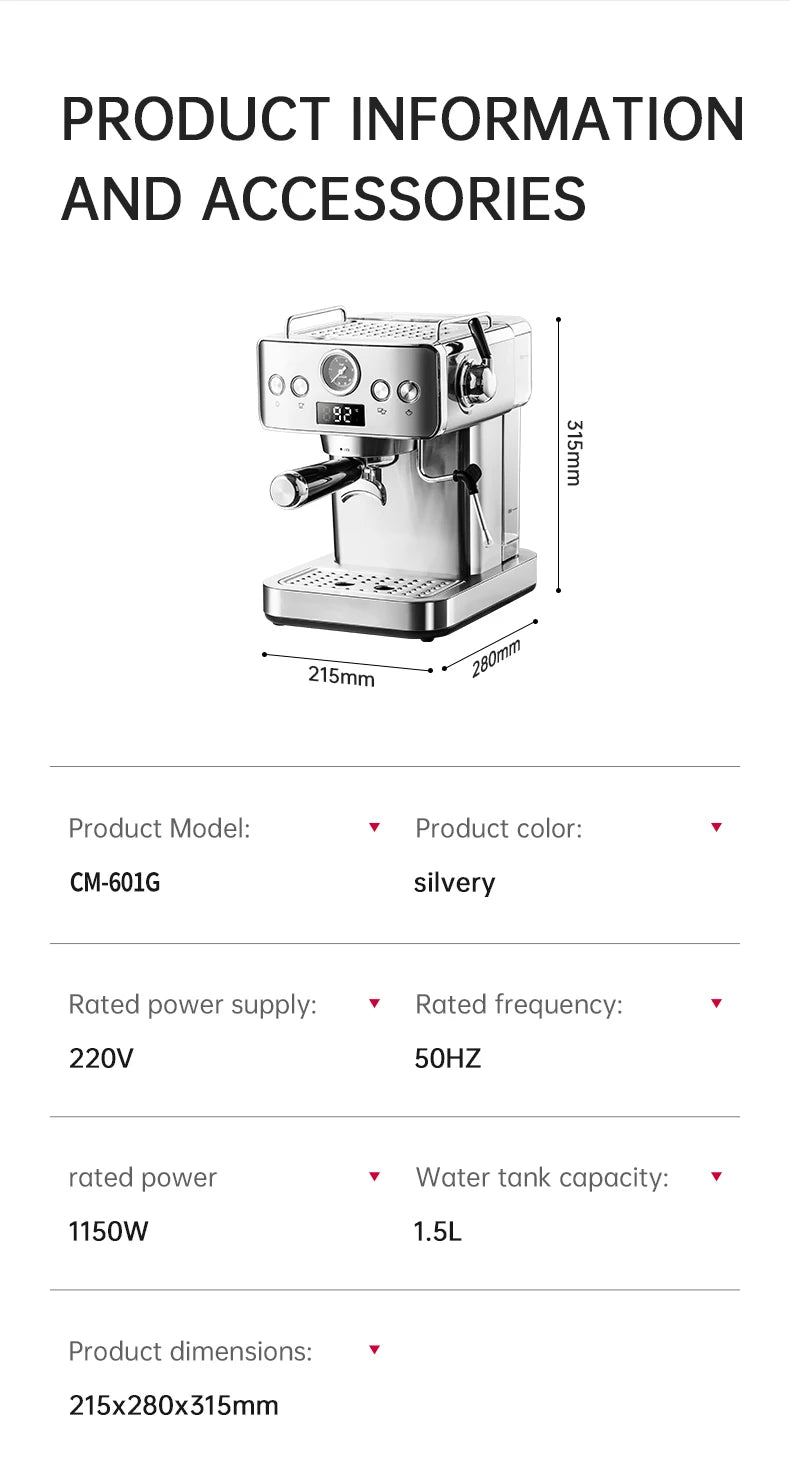 20bar Semi-Automatic Espresso Machine Stainless Steel Casing