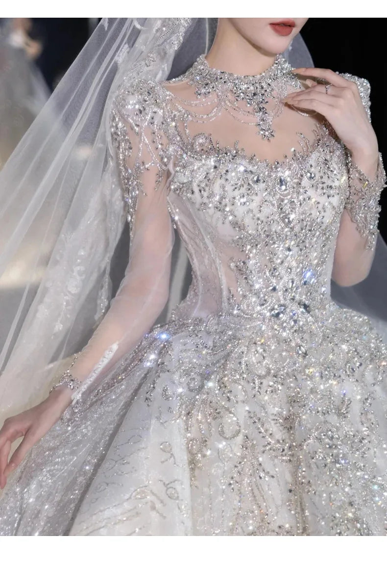 Full Sleeve Wedding Dresses Shinny Wedding Dress Classic