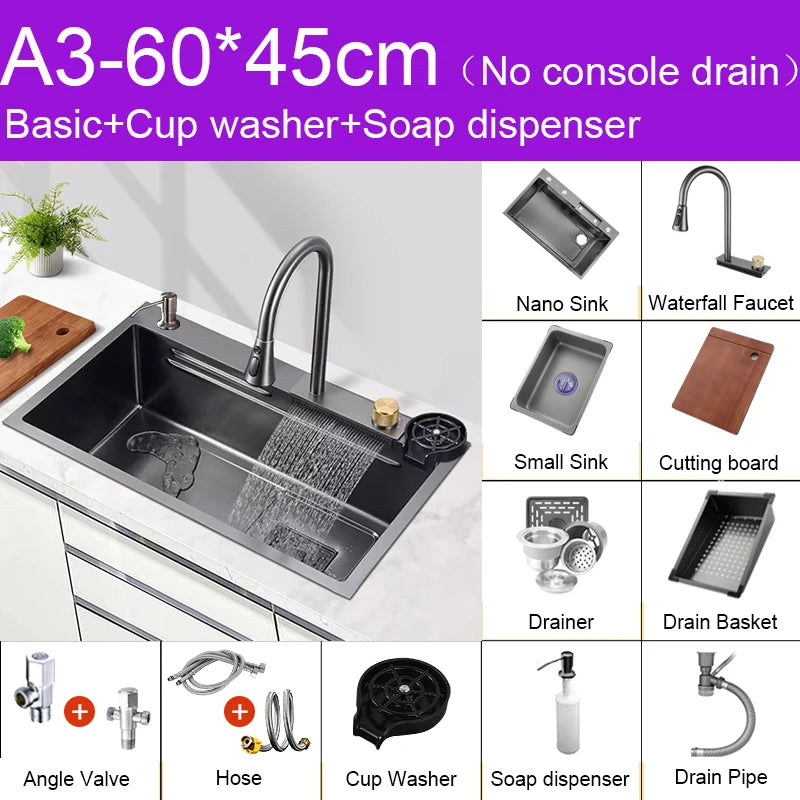 Black Nano Sink Waterfall Faucet Large Bowl Cup