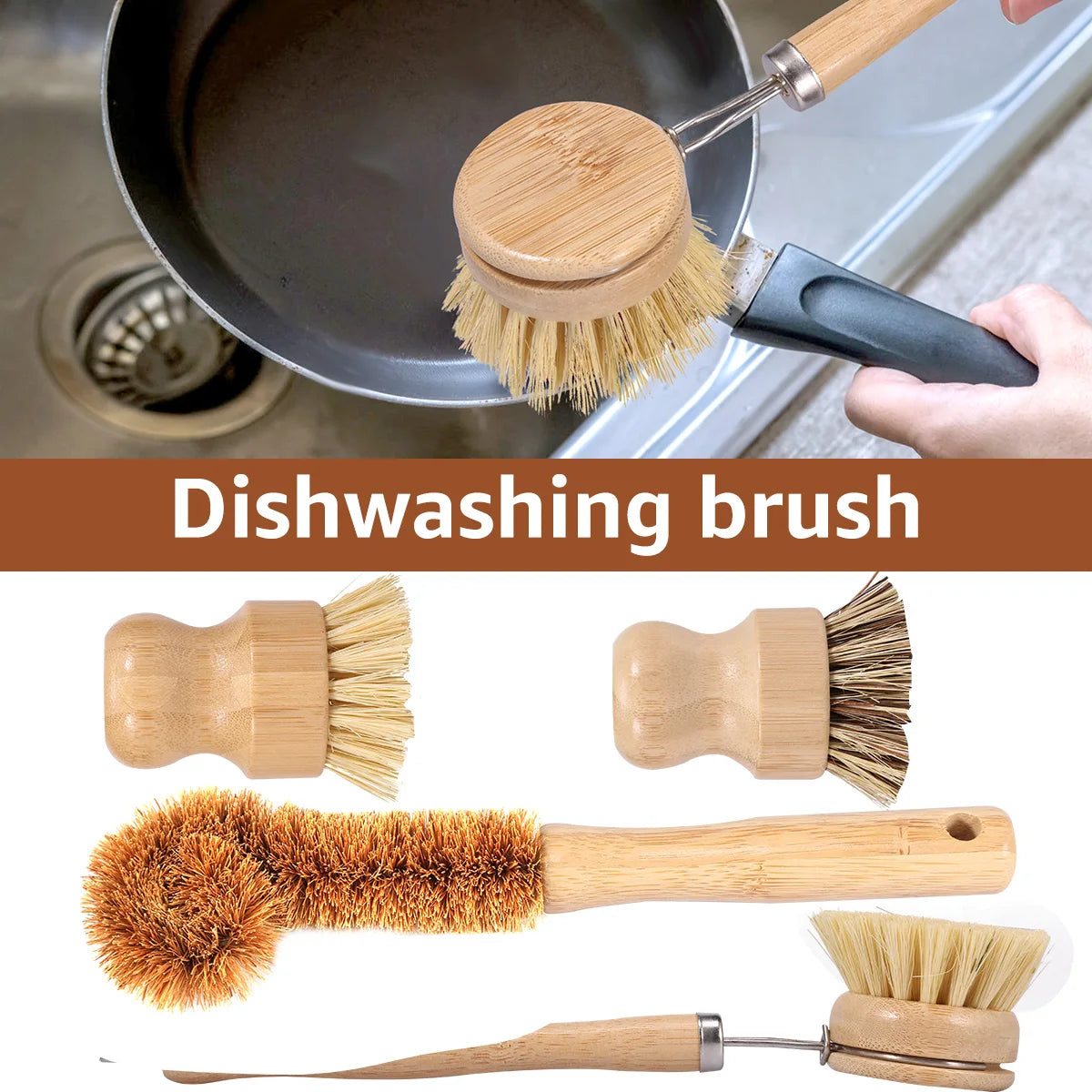 3/4/5/10pcs Bamboo Dish Scrub Brushes Replaceable Dish Brush