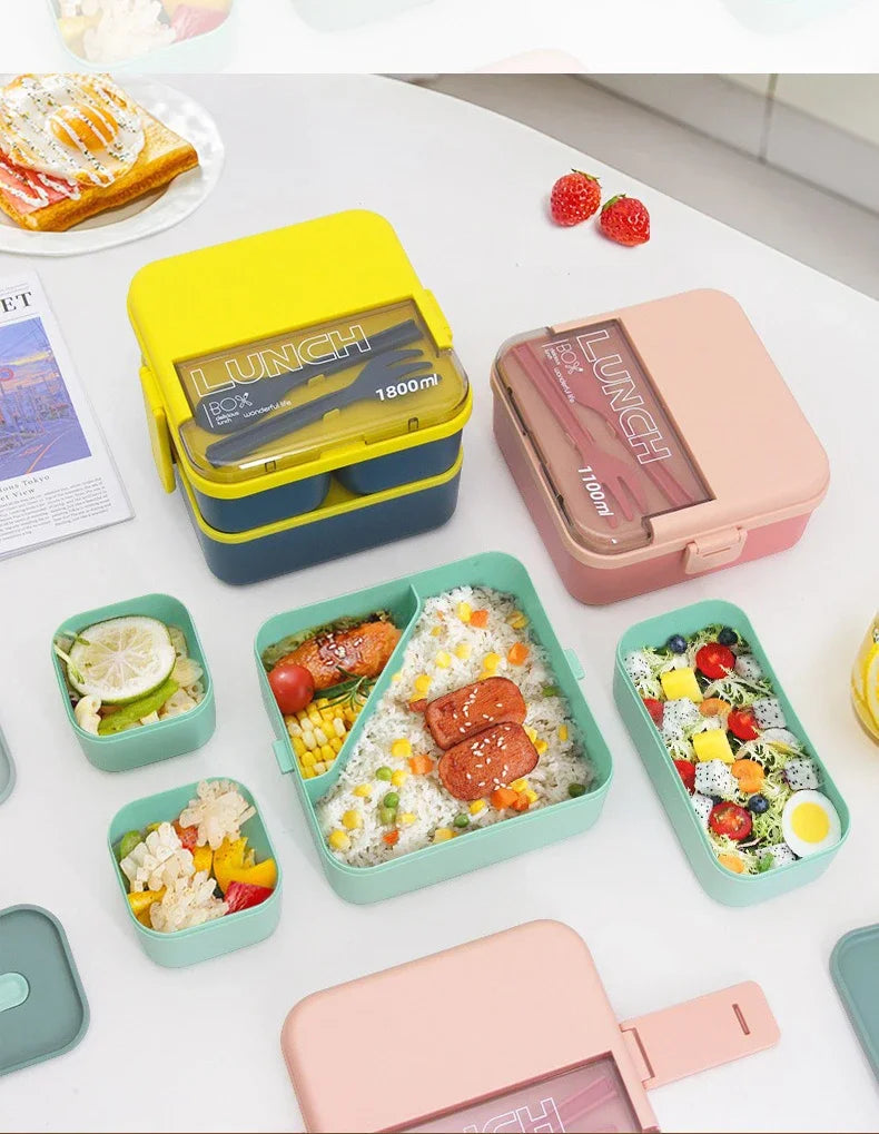 Justinlau 1100/1800ml Layer Compartment Lunch Box Kids Fork