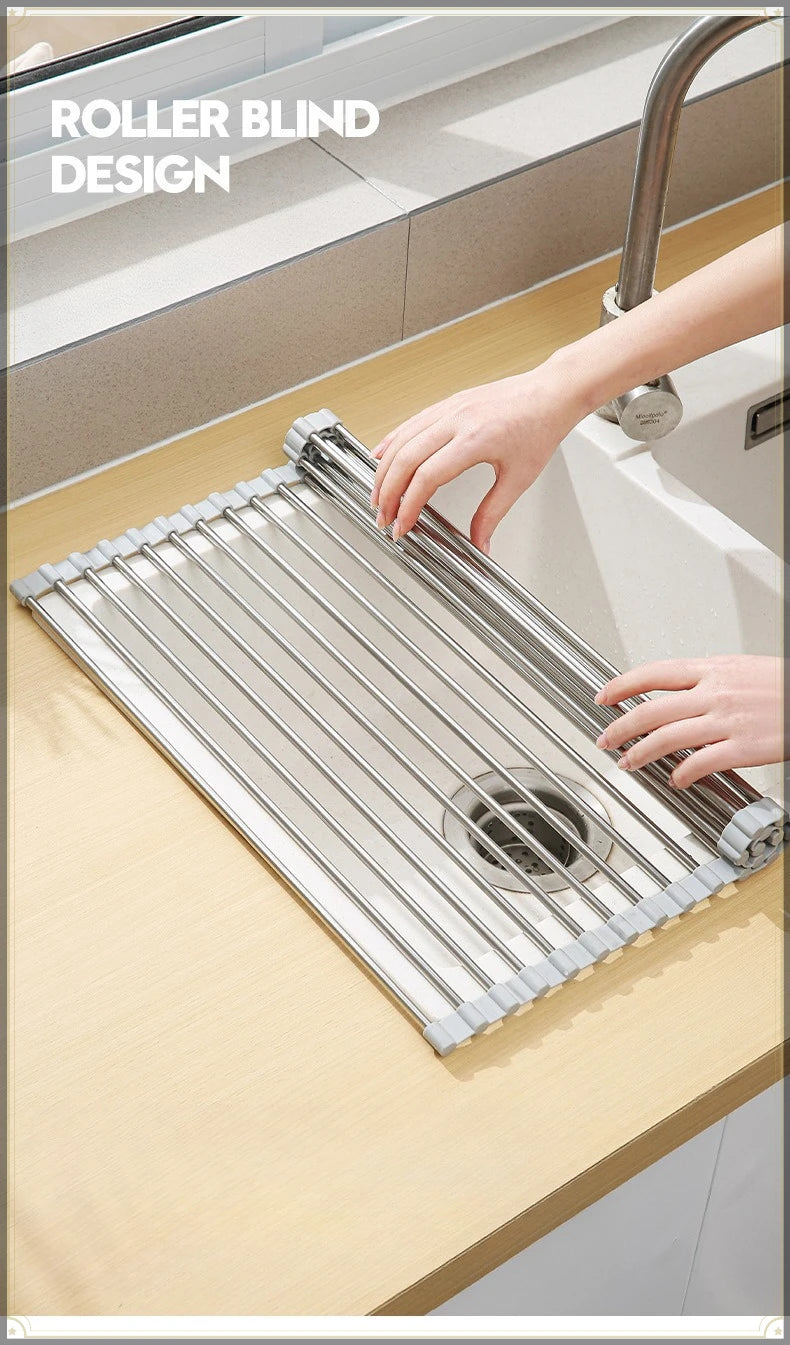 Roll Up Sink Drain Rack Stainless Steel Foldable