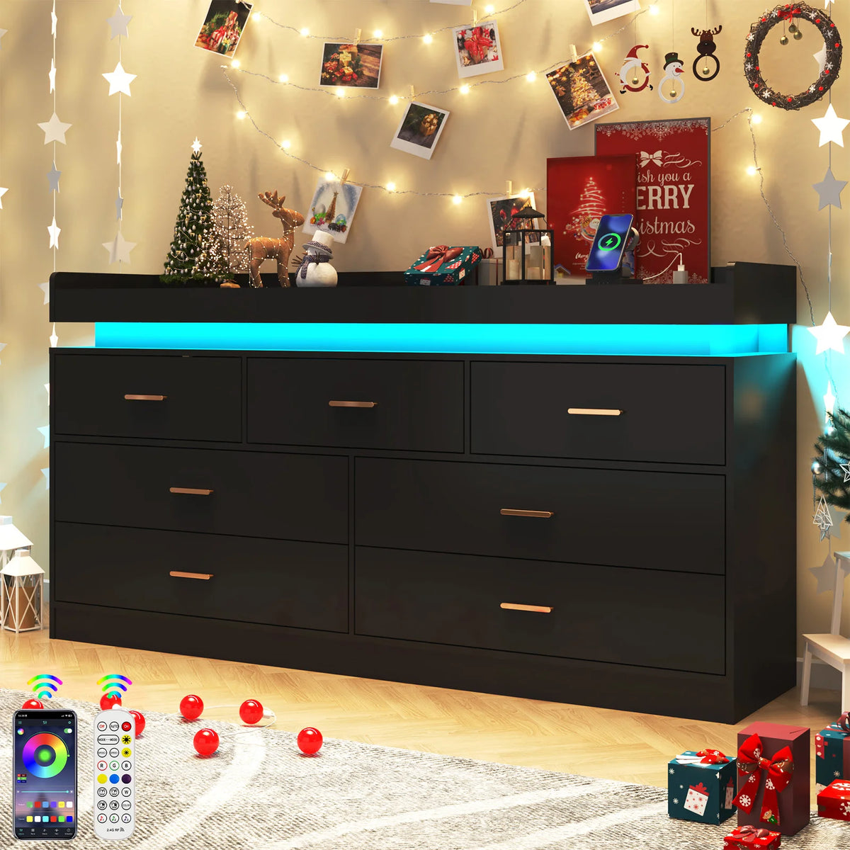 Drawer Dresser Led Light Charging Station Modern Chest