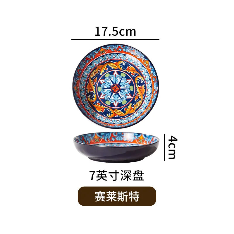 Bohemian Deep Ceramic Plate Dinnerware High-Quality Appearance